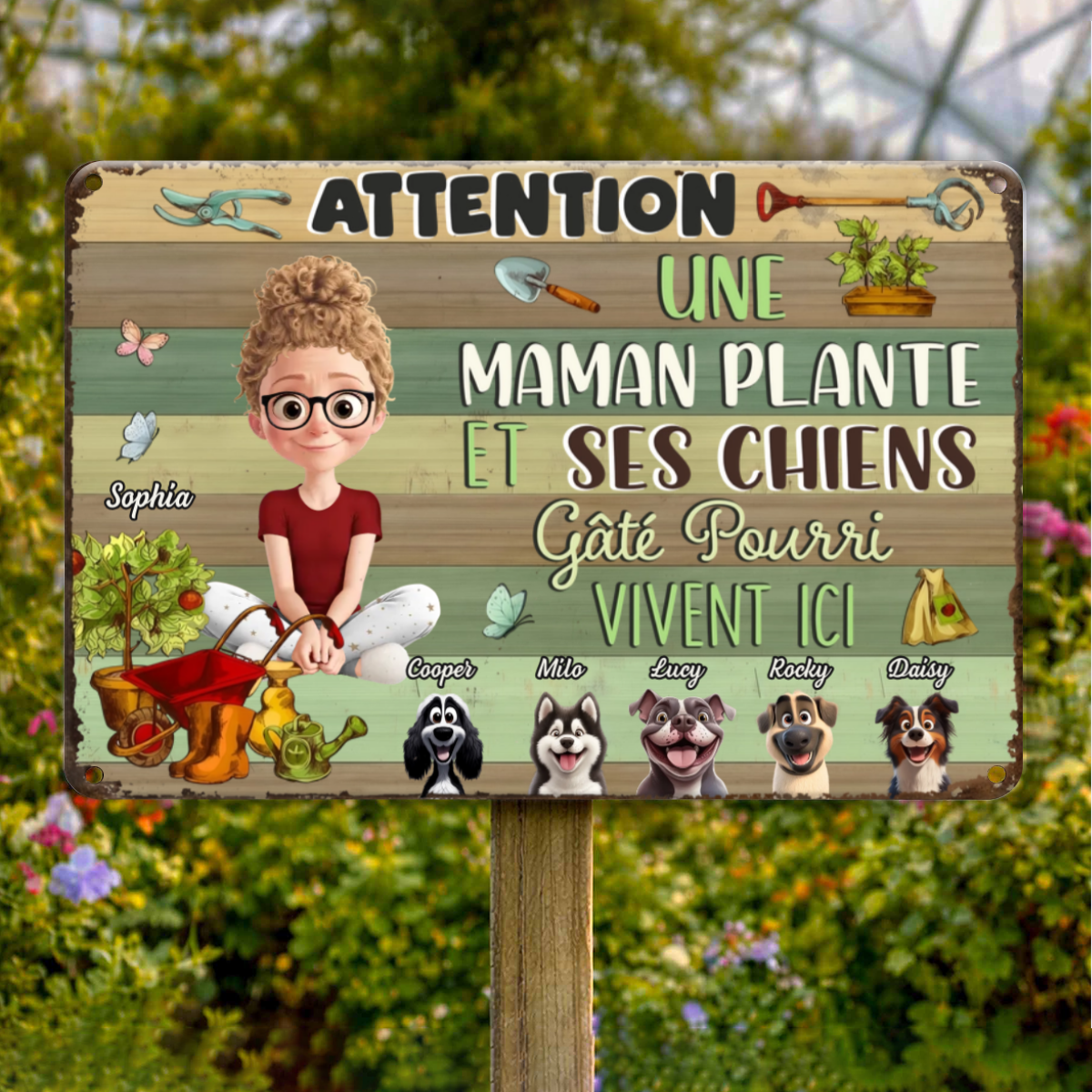 AttentionFolleDesPlantesEtSesChiensGates_CadeauPersonnalisePlaqueMetalliquePourAmoureuseDesPlantesEtMamanDeChiens_4