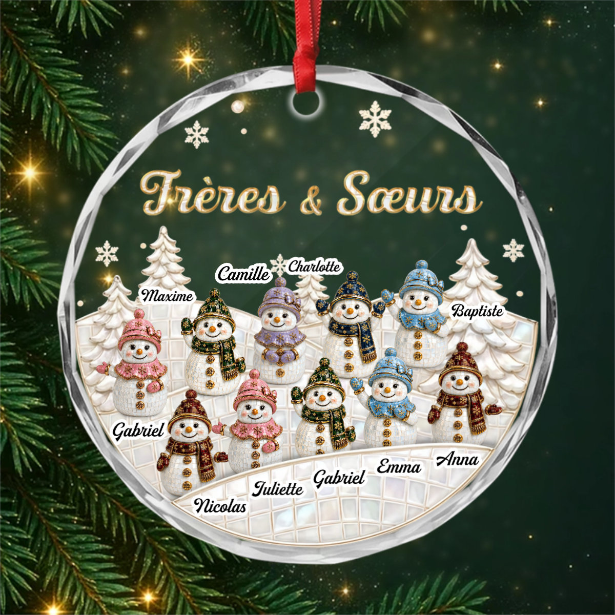 FreresEtSoeursBonhommesDeNeige CadeauPersonnalise_OrnementRondEnVerrePourFamilles9