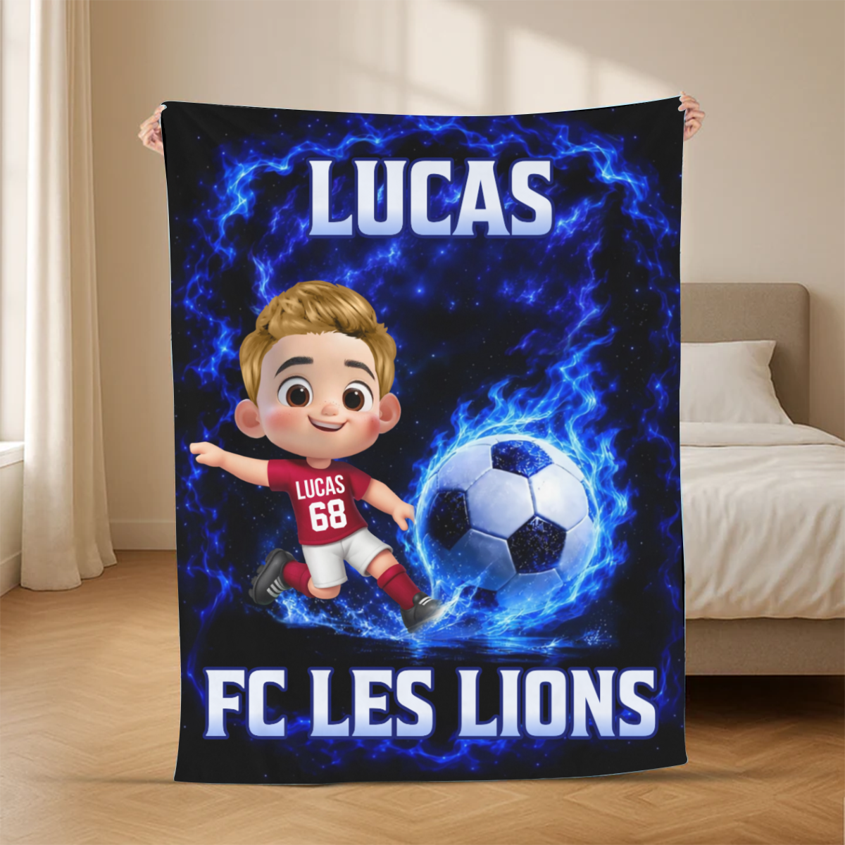 MignonPetitJoueurDeFootballPrenomEtNomD_Equipe_CadeauPersonnalisePlaidEnPolairePourEnfants