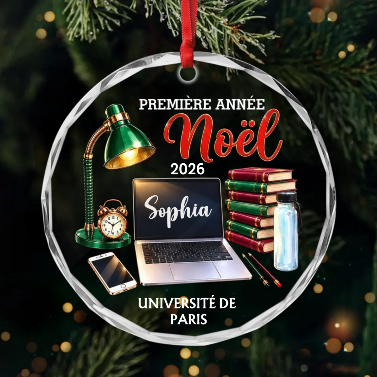 PrenomEtUniversitePremiereAnneeUniversitaire_CadeauPersonnaliseOrnementRondEnVerrePourEtudiants