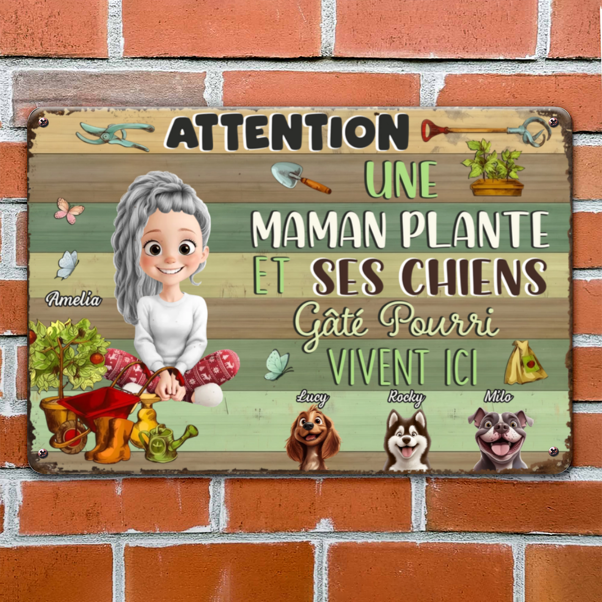 AttentionFolleDesPlantesEtSesChiensGates_CadeauPersonnalisePlaqueMetalliquePourAmoureuseDesPlantesEtMamanDeChiens_2