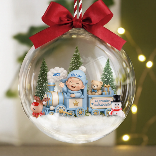 BebeDansUnPetitTrainJouetPourSonPremierNoel_CadeauPersonnaliseBouleDeNoelPourNouveau Ne