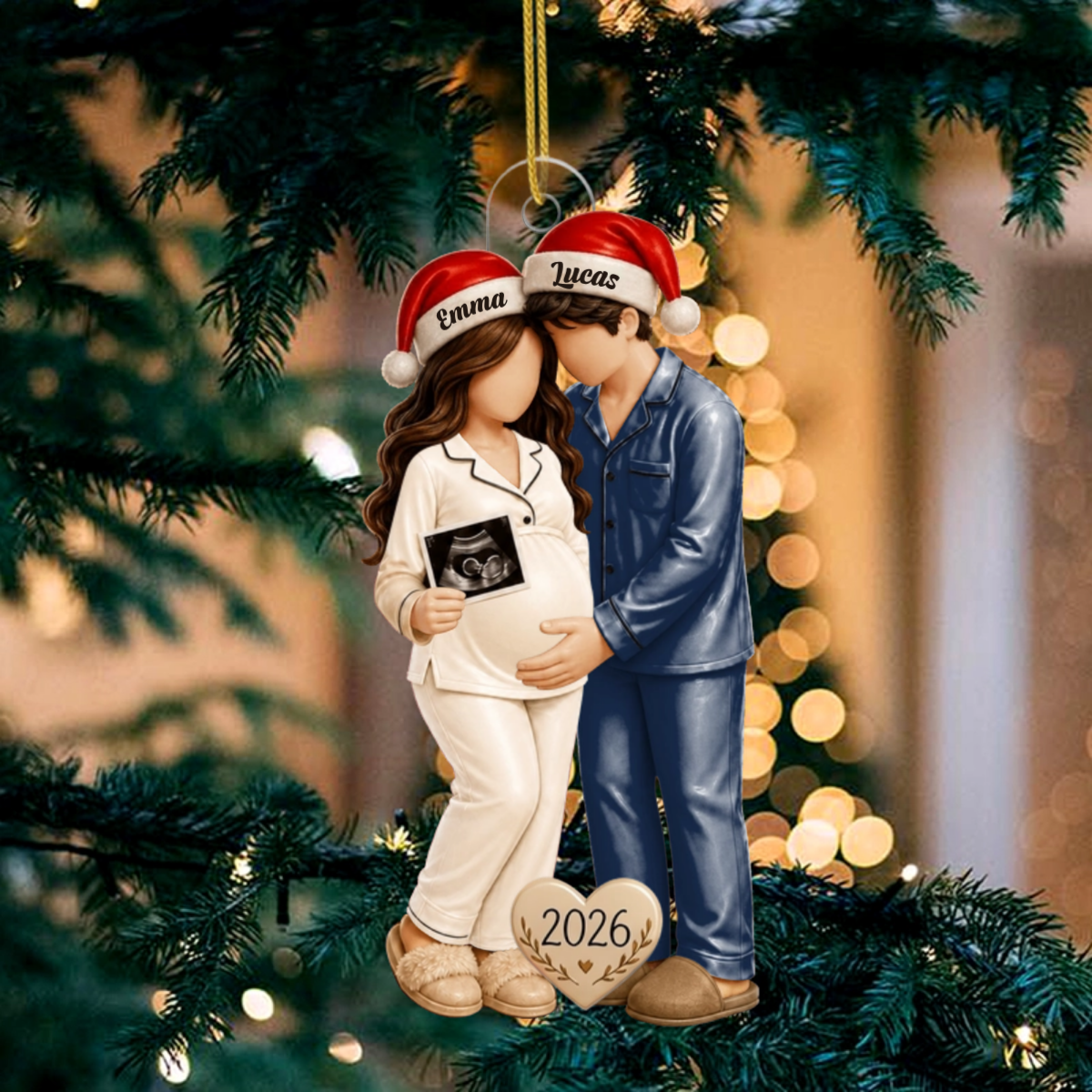 FutursParentsEnPyjamaDeNoelAvecEchographiePersonnalise_CadeauPersonnaliseOrnementEnAcryliquePourGrossesse_2