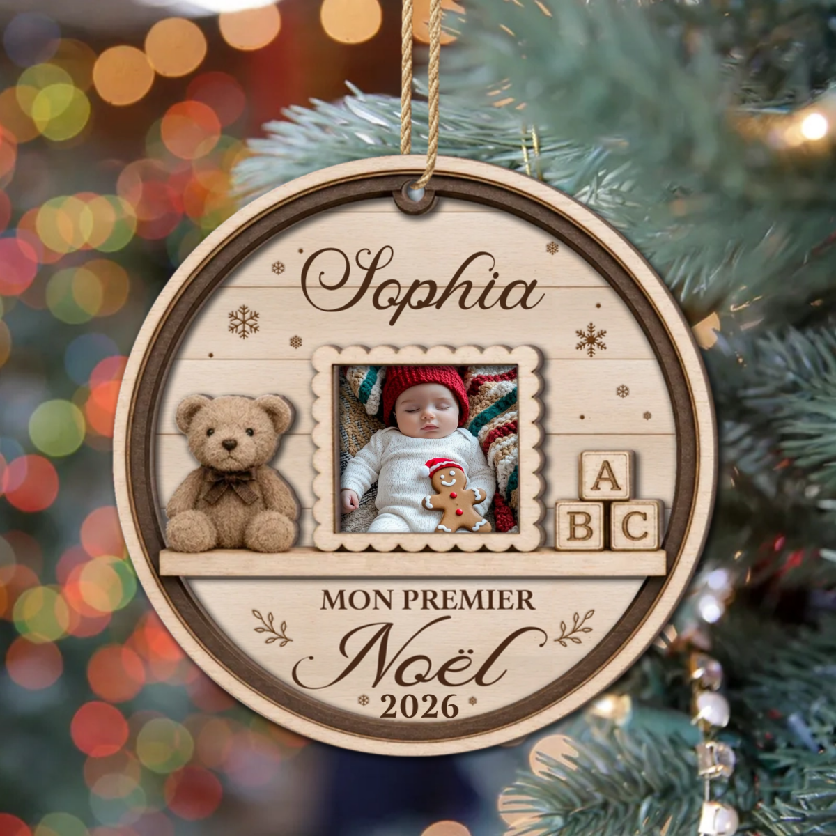 MonPremierNoelAvecPhoto_CadeauPersonnaliseOrnementEnBoisA2CouchesPourBebe