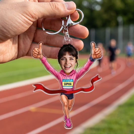 PhotoAthleteCourseAPiedPersonnalisee_CadeauPersonnalisePorte ClesEnAcryliquePourCoureurs_PassionnesDeSport