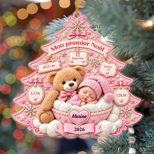 PremierNoelDeBebeArbreNounoursInformationsDeNaissance_CadeauPersonnaliseOrnementsEnAcryliquePourNouveau Nes_Bebes