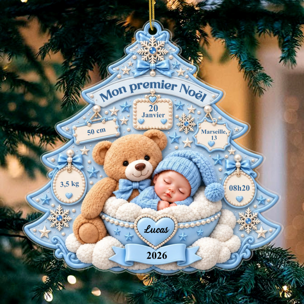 PremierNoelDeBebeArbreNounoursInformationsDeNaissance_CadeauPersonnaliseOrnementsEnAcryliquePourNouveau Nes_Bebes_2