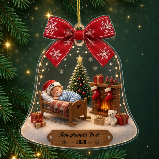 PremierNoelDeBebe_CadeauPersonnalise OrnementDeNoelEnAcryliqueEnFormeDeClochePourJeunesParents