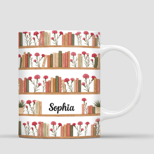 PrenomFleurDeNaissanceBibliotheque_CadeauPersonnaliseMugPourLectrices_Femmes